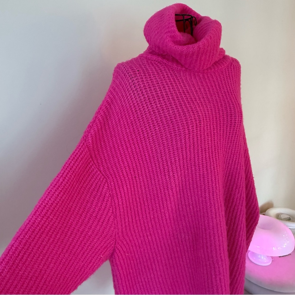 Neon Pink Turtleneck Oversized Chunky Sweater | SMALL